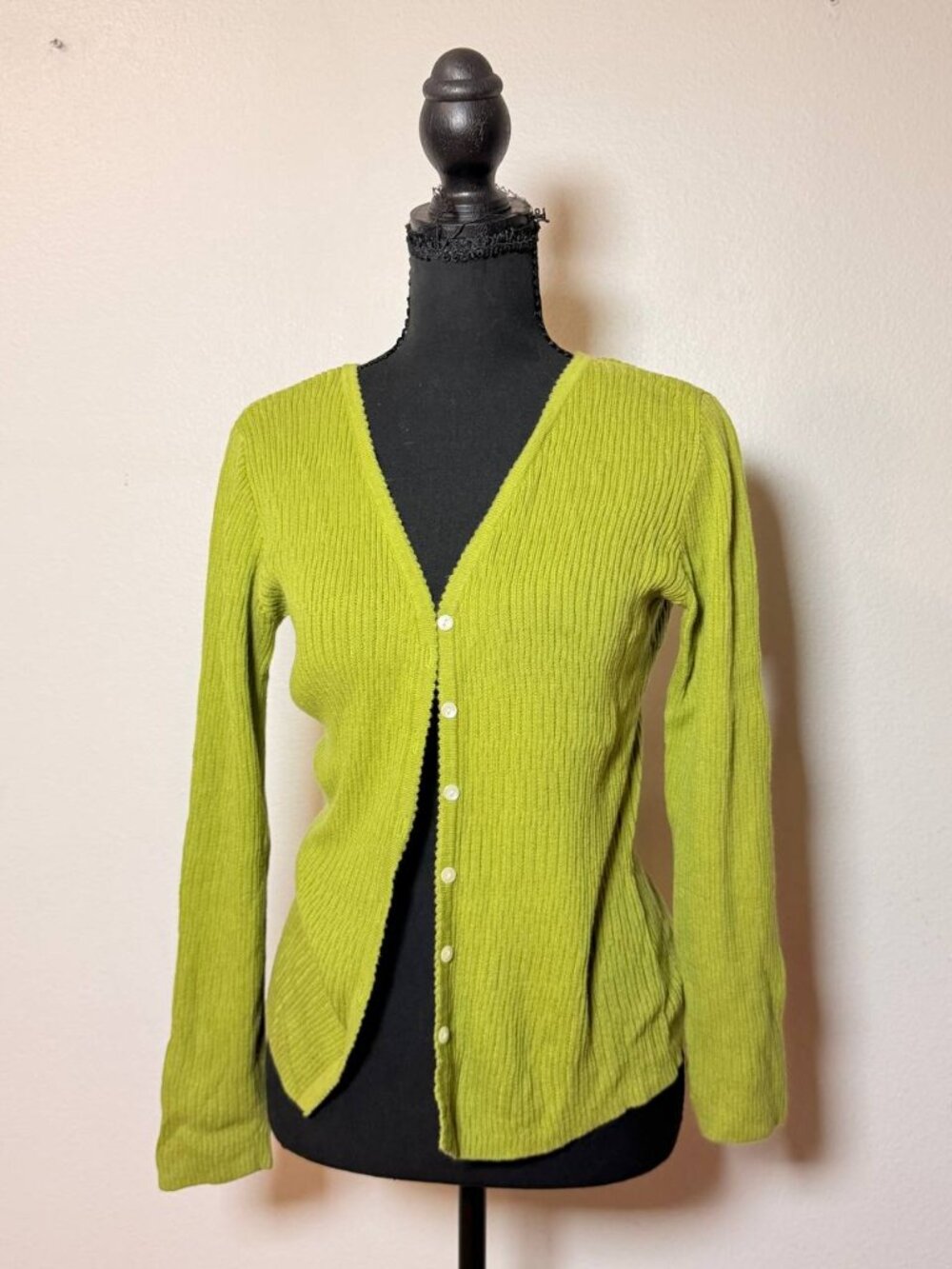 J. Jill Chartreuse Green Ribbed Knit Cardigan Preppy Y2K Style